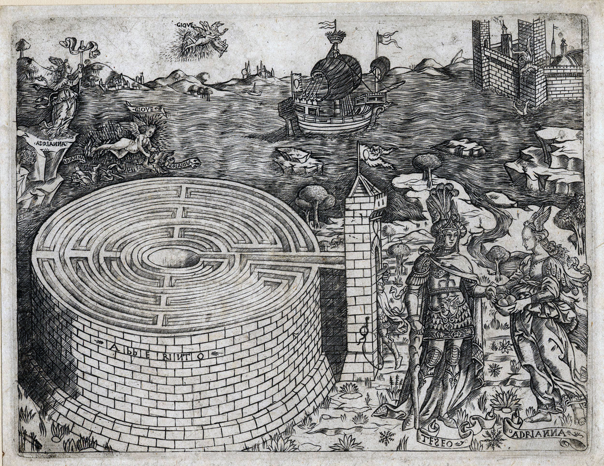 Historic engraving of a labyrinth with figures and architectural imagery